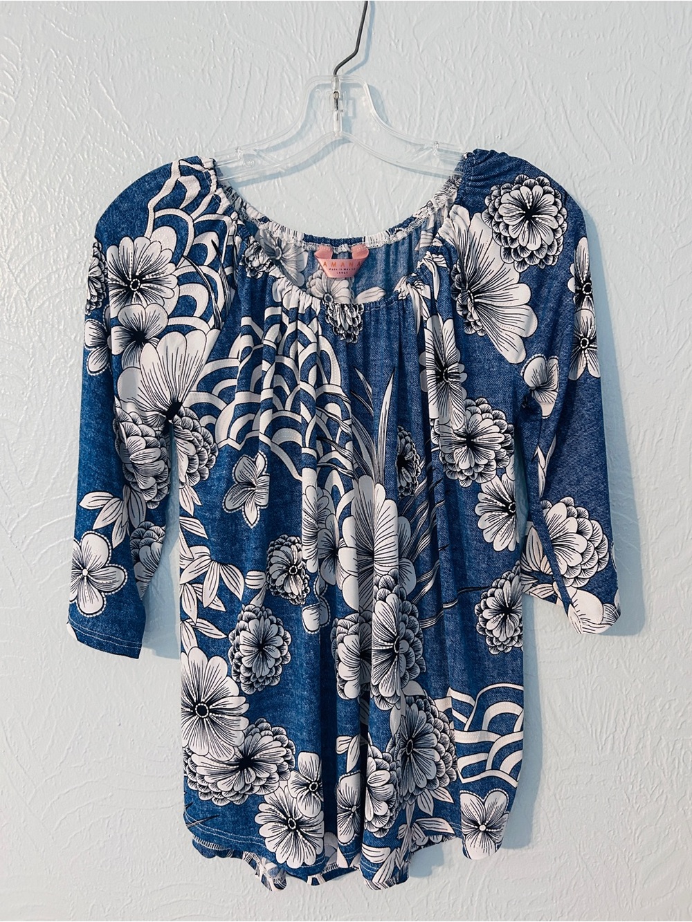 Blue Floral Scoop-Neck Blouse by Amana